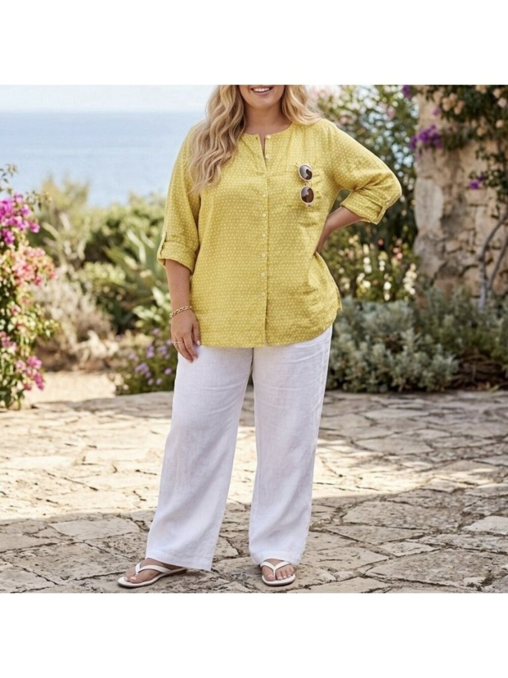 Rachel Zoe Women’s 1X Linen Blouse Top Polka Dot Tropical Resort Travel Boho